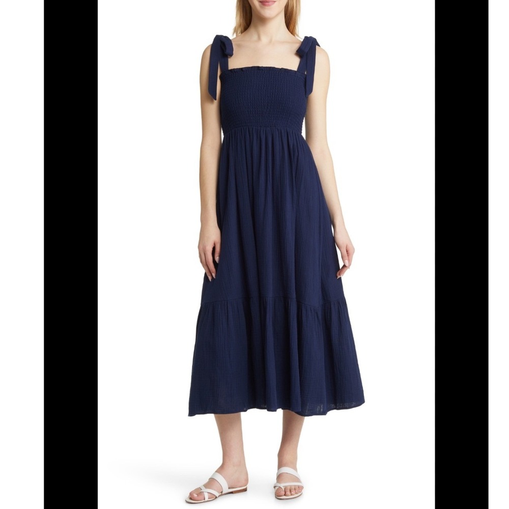 Caslon Smocked Tie Strap Cotton Gauze Midi Sundress Women 1X Blue Boho Tiered